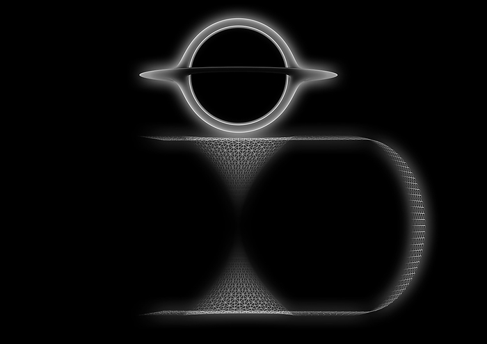 Black hole and wormhole, illustration Illustration depicting a black hole, wormhole, accretion disk and the bending of spacetime. A black hole is a collapsed star, so dense that its gravity prevents even light from escaping. Material falling into this deep gravity well swirls around the black hole in an accretion disk. A wormhole, or Einstein Rosen bridge, is a theoretical  tunnel  through spacetime, allowed by the theory of general relativity. In principle, a wormhole connects two regions in the universe or two different regions in space as well as time., by THOMAS PARSONS SCIENCE PHOTO LIBRARY