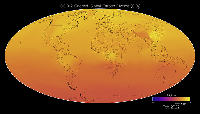 Global carbon dioxide 2022 Global gridded carbon dioxide in February 2022. NASA s Orbiting Carbon Observatory, 2  OCO 2  provides the most complete dataset tracking the concentration of atmospheric carbon dioxide, the main driver of climate change. Data obtained from NASA s Orbiting Carbon Observatory 2  OCO 2  Gridded Level 3 product., by NASA s Scientific Visualization Studio SCIENCE PHOTO LIBRARY