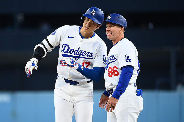 2024 MLB Ohtani hits in 3 straight games April 16, 2024 Dodgers x Nationals, bottom of the 1st inning, Shohei Ohtani on base on a hit Location   Dodger Stadium, Los Angeles,