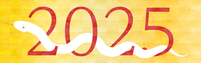 Japanese New Year's greeting card material for the year of the snake 2025, golden background with the numbers 2025 and snakes.