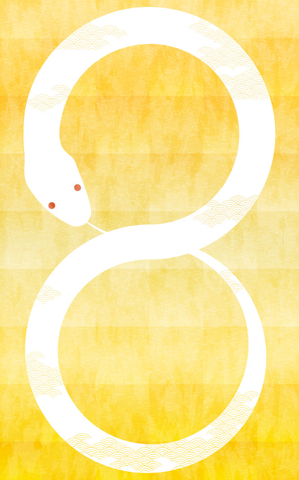 New Year's card material for the year of the Snake 2025, Ouroboros biting his own tail and making a circle, and golden Japanese background.