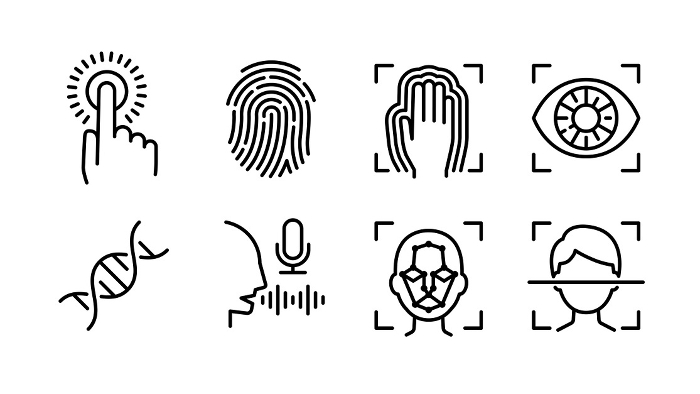 Set of biometric icons Fingerprint, vein, iris, DNA, voice, face, etc.