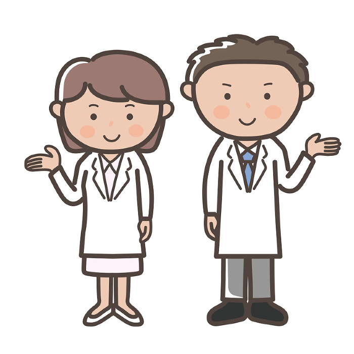 Full body illustration of male and female doctors and nurses giving directions and explanations