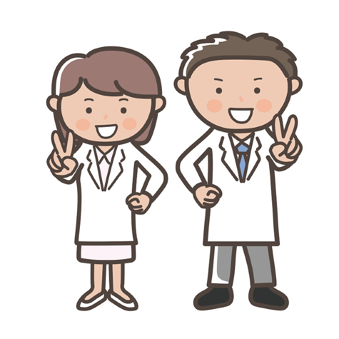 Full body illustration of male and female doctors_nurses smiling and posing for a peace pose.