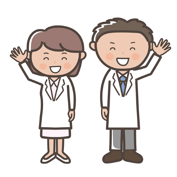 Full body illustration of male and female doctors_nurses greeting each other with a smile.