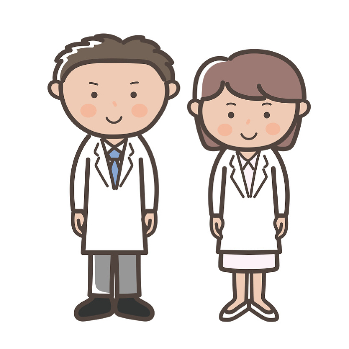 Full body illustration of male and female doctors and nurses standing facing front.