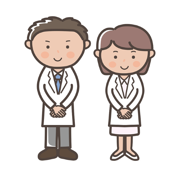 Full body illustration of male and female doctors_nurses of the image of welcoming them with overlapping hands in front of them.