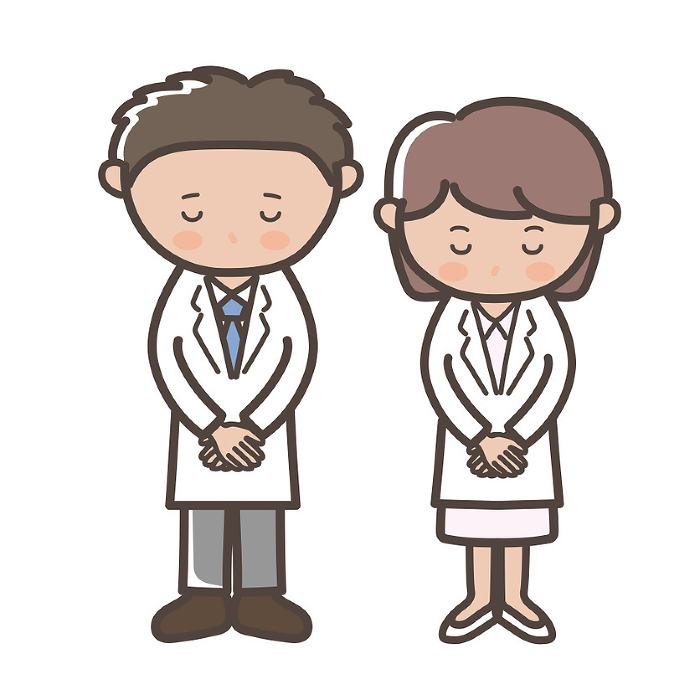 Full body illustration of male and female doctors_nurses apologizing with their heads down