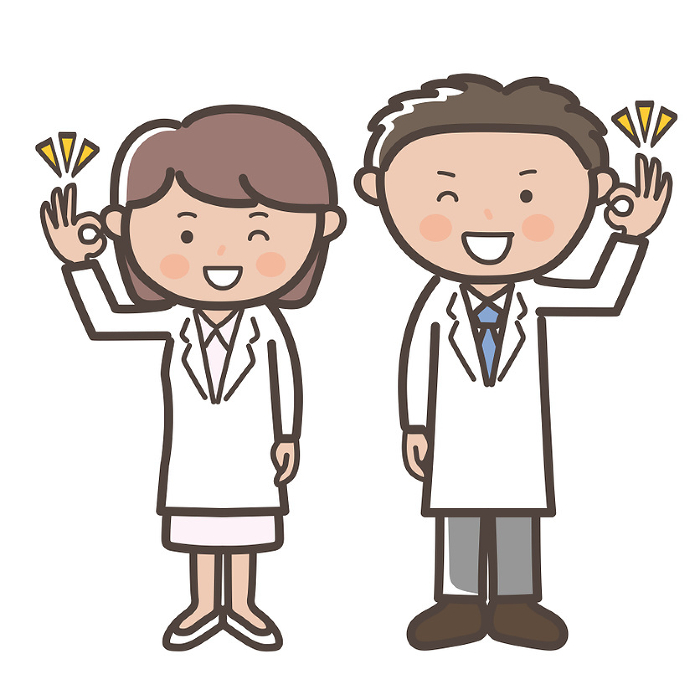 Full body illustration of male and female doctors and nurses giving the OK sign of understanding.