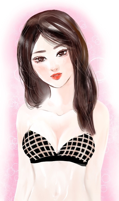 Clip art of a nice-bodied woman in her twenties with white glowing skin and long black hair and pink background
