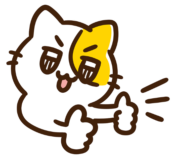 Deformed illustration of a cute cat character with sparkling eyes and all-out nice smile.