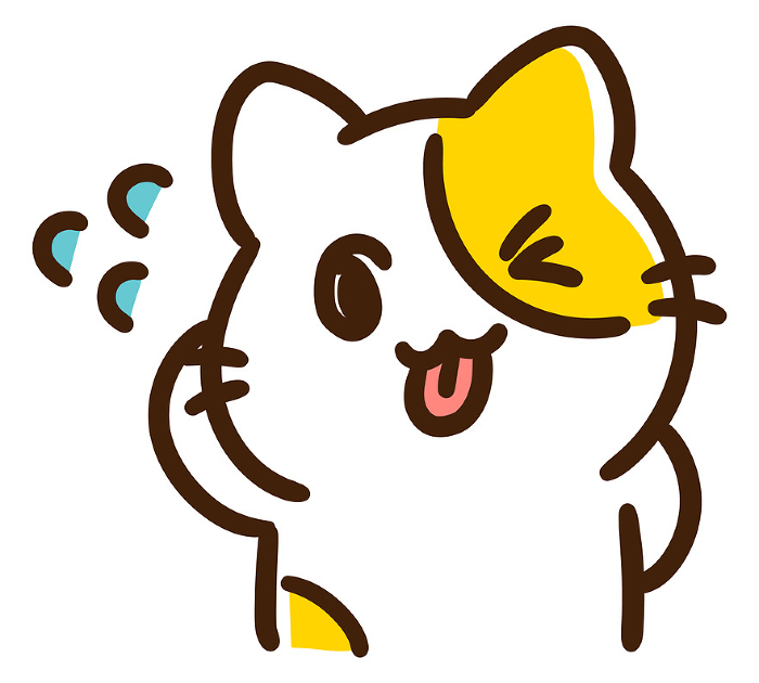 Comical illustration of a cute cat character mischievously sticking out its tongue.