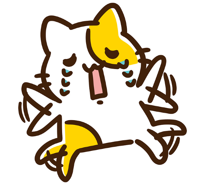 Comical illustration of a cute cat character crying with its arms and legs flailing about.