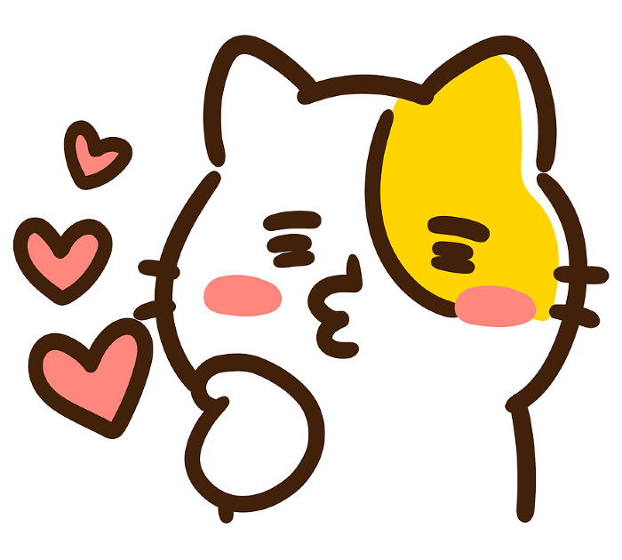 Comical illustration of a cute cat character throwing kisses in the palm of your hand