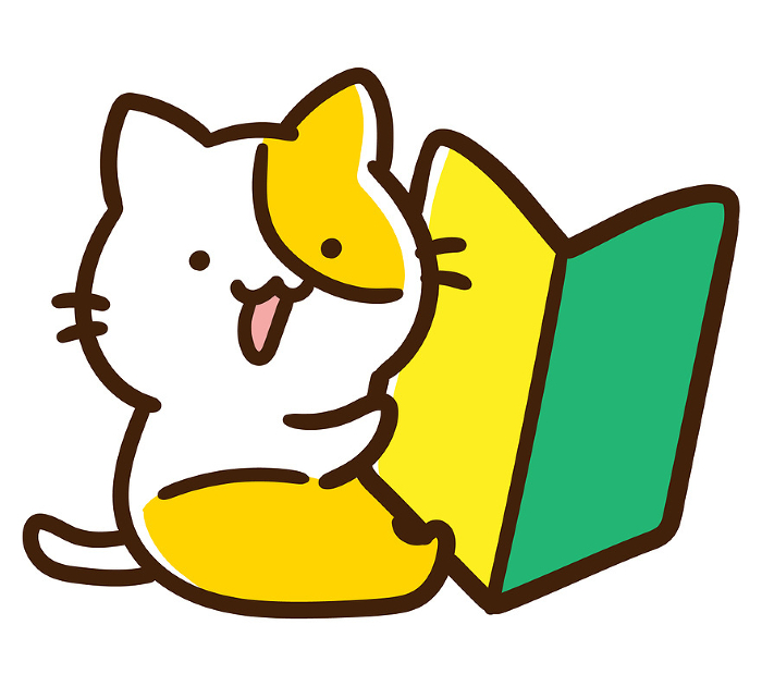 Deformed illustration of a cute cat character holding a big beginner's mark.