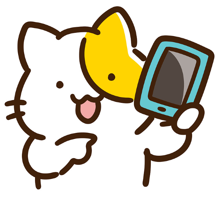 Deformed illustration of a cute cat character pointing at a smartphone