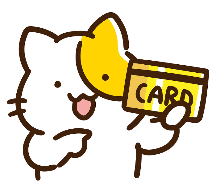 Deformed illustration of a cute cat character pointing at a gold credit card.