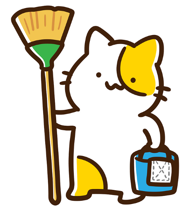 Deformed illustration of a cute cat character standing with cleaning tools.