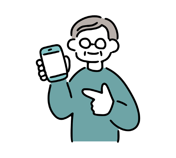 Clip art of senior man pointing at smartphone