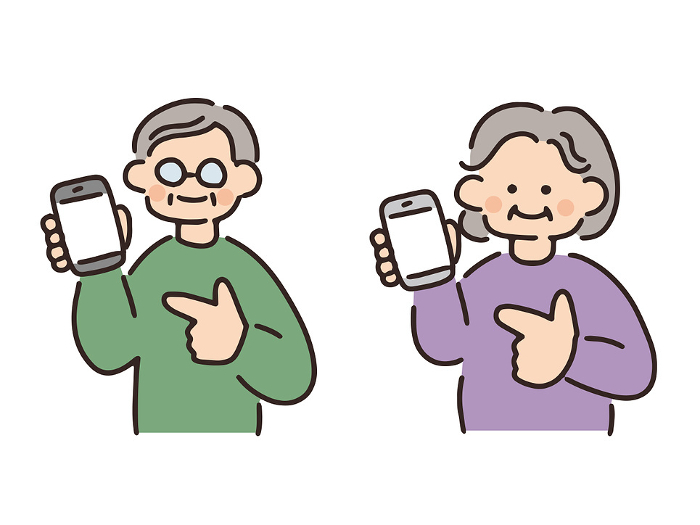 Illustration of a senior couple pointing at a smartphone