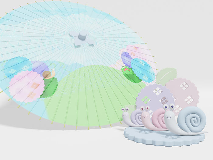 3DCG scenery with cute pastel-colored snail ornaments and Japanese umbrellas