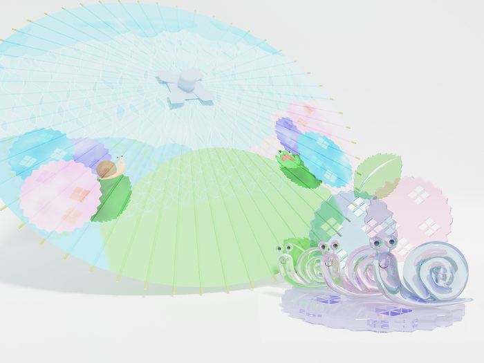 3DCG scenery with cute glass snail ornament and Japanese umbrella