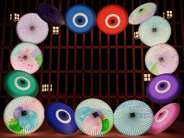 3DCG frame of a night scene with colorful Japanese umbrellas