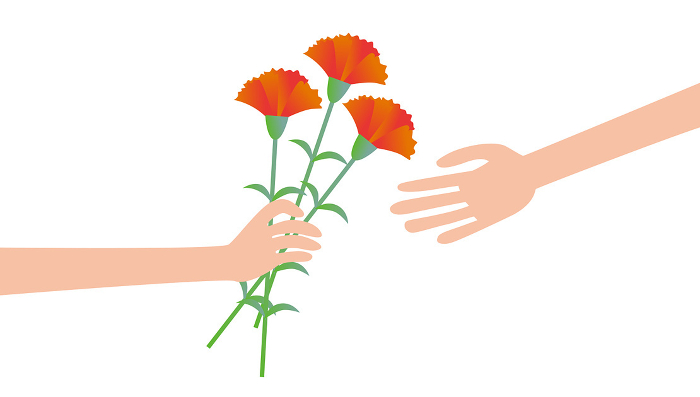 Clip art of hand giving and receiving three carnations