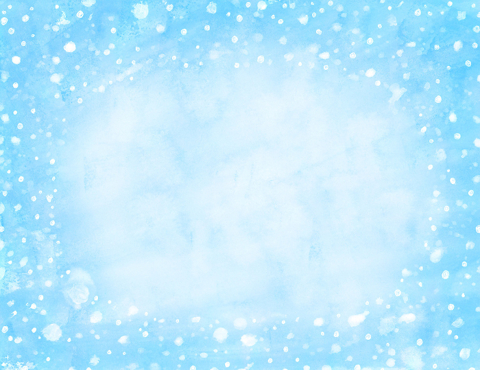 Watercolor background with snowy white dotted frame and clear blue sky