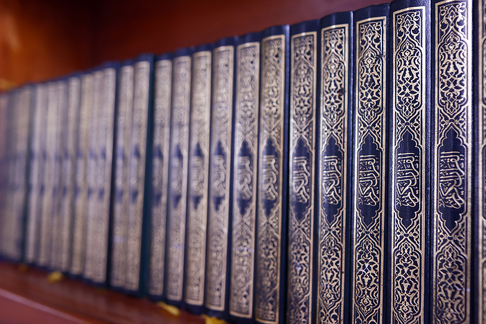 Row of Holy Quran   Kuran   books in a mosque. Islamic symbol. Phnom Penh. Cambodia. Row of Holy Quran  Koran  books in a mosque, Islamic symbol, Phnom Penh, Cambodia, Indochina, Southeast Asia, Asia, by Godong