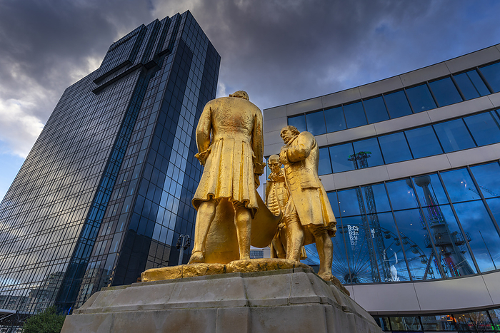 View of the Boulton, Murdoch and Watt statue and contemporary buildings, Birmingham, West Midlands, England, United Kingdom, Europe View of the Boulton, Murdoch and Watt statue and contemporary buildings, Birmingham, West Midlands, England, United Kingdom, Europe, by Frank Fell