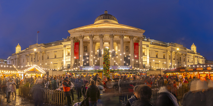 View of Christmas market and The National Gallery in Trafalgar Square at dusk, Westminster, London, England, United Kingdom, Europe View of Christmas market and The National Gallery in Trafalgar Square at dusk, Westminster, London, England, United Kingdom, Europe, by Frank Fell