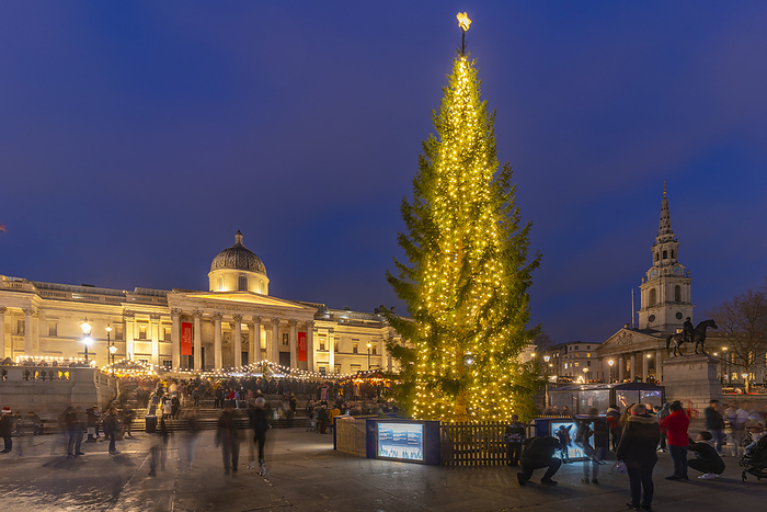 View of Christmas market and The National Gallery in Trafalgar Square at dusk, Westminster, London, England, United Kingdom, Europe View of Christmas market and Christmas tree in front of The National Gallery in Trafalgar Square at dusk, Westminster, London, England, United Kingdom, Europe, by Frank Fell