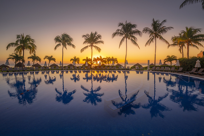 View of sunrise and hotel pool near Puerto Morelos, Caribbean Coast, Yucat n Peninsula, Mexico, North America View of sunrise and palm tree reflections in hotel pool near Puerto Morelos, Caribbean Coast, Yucatan Peninsula, Mexico, North America, by Frank Fell