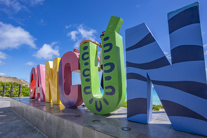 View of Cancun and Mirador Letters at Playa Delfines, Hotel Zone, Cancun, Caribbean Coast, Yucat n Peninsula, Mexico, North America View of Cancun and Mirador Letters at Playa Delfines, Hotel Zone, Cancun, Caribbean Coast, Yucatan Peninsula, Mexico, North America, by Frank Fell