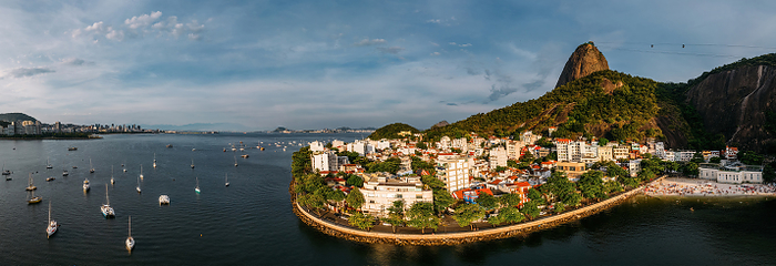 Aerial drone panorama of Urca neighbourhood and surrounding Botafogo and Guanabara Bay in Rio de Janeiro, Brazil   UNESCO World Heritage Site   between the Mountain and the Sea was inscribed on the World Heritage List in 2012 Aerial drone panorama of Urca neighbourhood and surrounding Botafogo and Guanabara Bay, UNESCO World Heritage Site, between the Mountain and the Sea, inscribed on the World Heritage List in 2012, Rio de Janeiro, Brazil, South America, by Alexandre Rotenberg