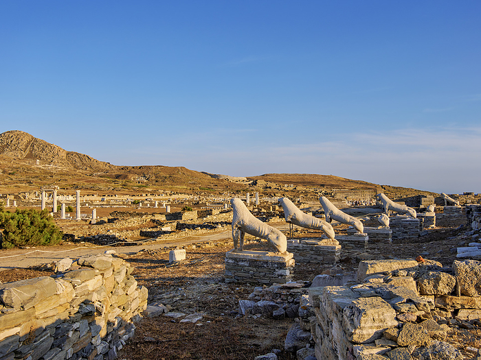 The Terrace of the Lions at sunset, Delos Archaeological Site, Delos Island, Cyclades, Greece The Terrace of the Lions at sunset, Delos Archaeological Site, UNESCO World Heritage Site, Delos Island, Cyclades, Greek Islands, Greece, Europe, by Karol Kozlowski