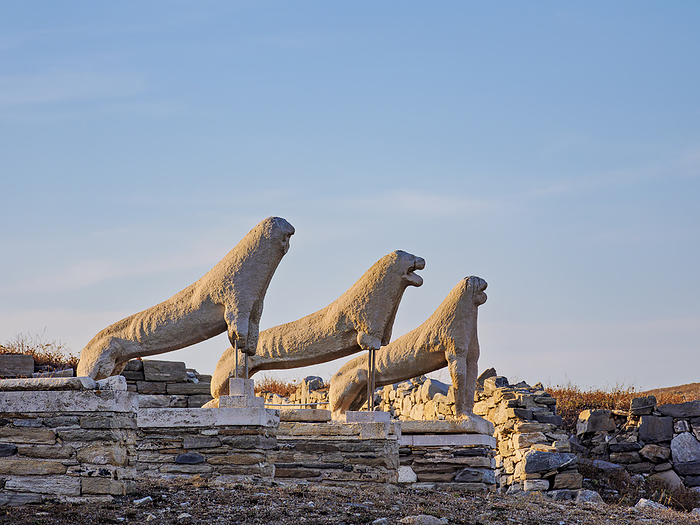 The Terrace of the Lions at sunset, Delos Archaeological Site, Delos Island, Cyclades, Greece The Terrace of the Lions at sunset, Delos Archaeological Site, UNESCO World Heritage Site, Delos Island, Cyclades, Greek Islands, Greece, Europe, by Karol Kozlowski