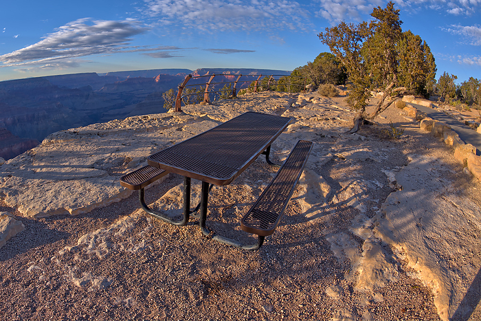 A steel picnic table near a cliff on the west side of Mohave Point at Grand Canyon Arizona. A steel picnic table near a cliff on the west side of Mohave Point at the Grand Canyon, UNESCO World Heritage Site, Arizona, United States of America, North America, by Steven Love
