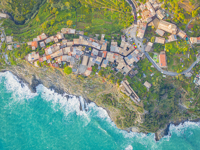 aerial view taken by drone of the famous village of Corniglia, Cinque Terre National Park, La Spezia, Liguria, Italy, Europe Aerial view taken by drone of the famous village of Corniglia, Cinque Terre National Park, UNESCO World Heritage Site, La Spezia, Liguria, Italy, Europe, by carlo alberto conti