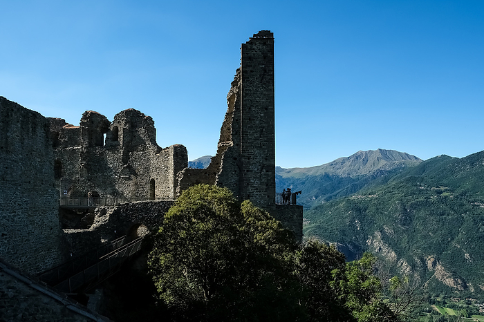 Detail of Sacra di San Michele, a religious complex on Mount Pirchiriano in Val di Susa, Sant Ambrogio di Torino, Metropolitan City of Turin, Piedmont, Italy, with the mountains in the background Detail of Sacra di San Michele, a religious complex on Mount Pirchiriano in Val di Susa, with mountains in the background, Sant Ambrogio di Torino, Metropolitan City of Turin, Piedmont, Italy, Europe, by MLTZ