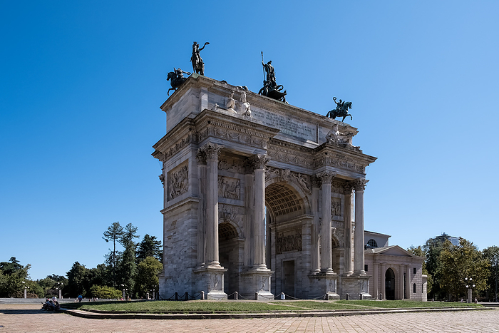 View of Porta Sempione   Simplon Gate   and the Arco della Pace   Arch of Peace   in Milan, Italy. The 19th century triumphal arch, with roots in a Roman gate, serves as a distinctive symbol of the area. View of Porta Sempione  Simplon Gate  and Arco della Pace  Arch of Peace , 19th century triumphal arch with Roman roots, Milan, Lombardy, Italy, Europe, by MLTZ