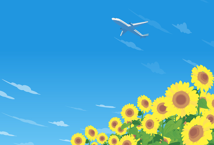 Clip art of sunflower field, blue summer sky, and airplane