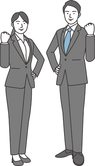 Illustration of a man and woman in business suits, smiling and facing forward with one arm raised.