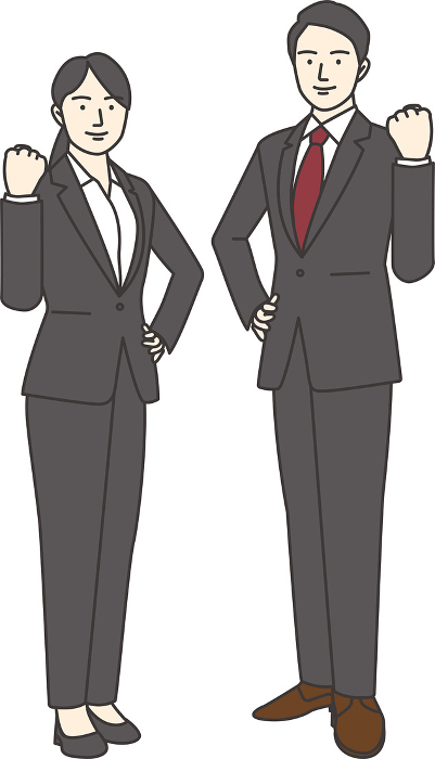 Illustration of a man and woman in business suits, smiling and facing forward with one arm raised.