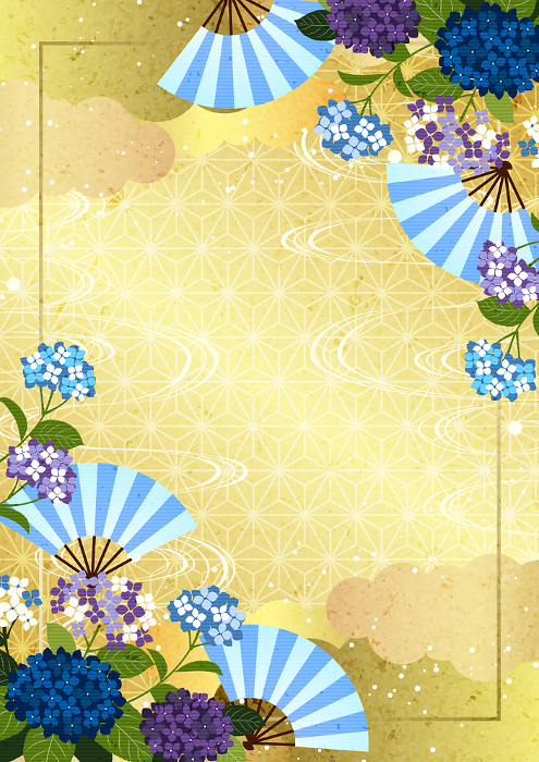 Rainy season, Hydrangea, Illustration, Background, Japanese Pattern, Gold, Vertical, Cute