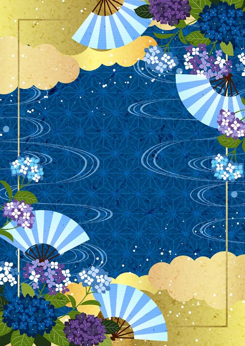 Rainy season, Hydrangea, Illustration, Background, Japanese Pattern, Blue, Vertical, Cute
