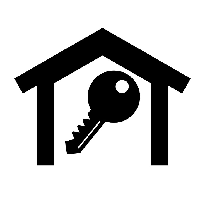 Silhouette icon of house and key. Vector.