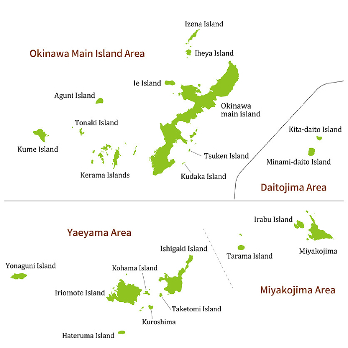 Map of the entire Okinawa Prefecture, including remote islands, English island and local names