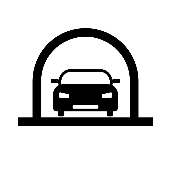 Silhouette icon of tunnel and car. Vector.